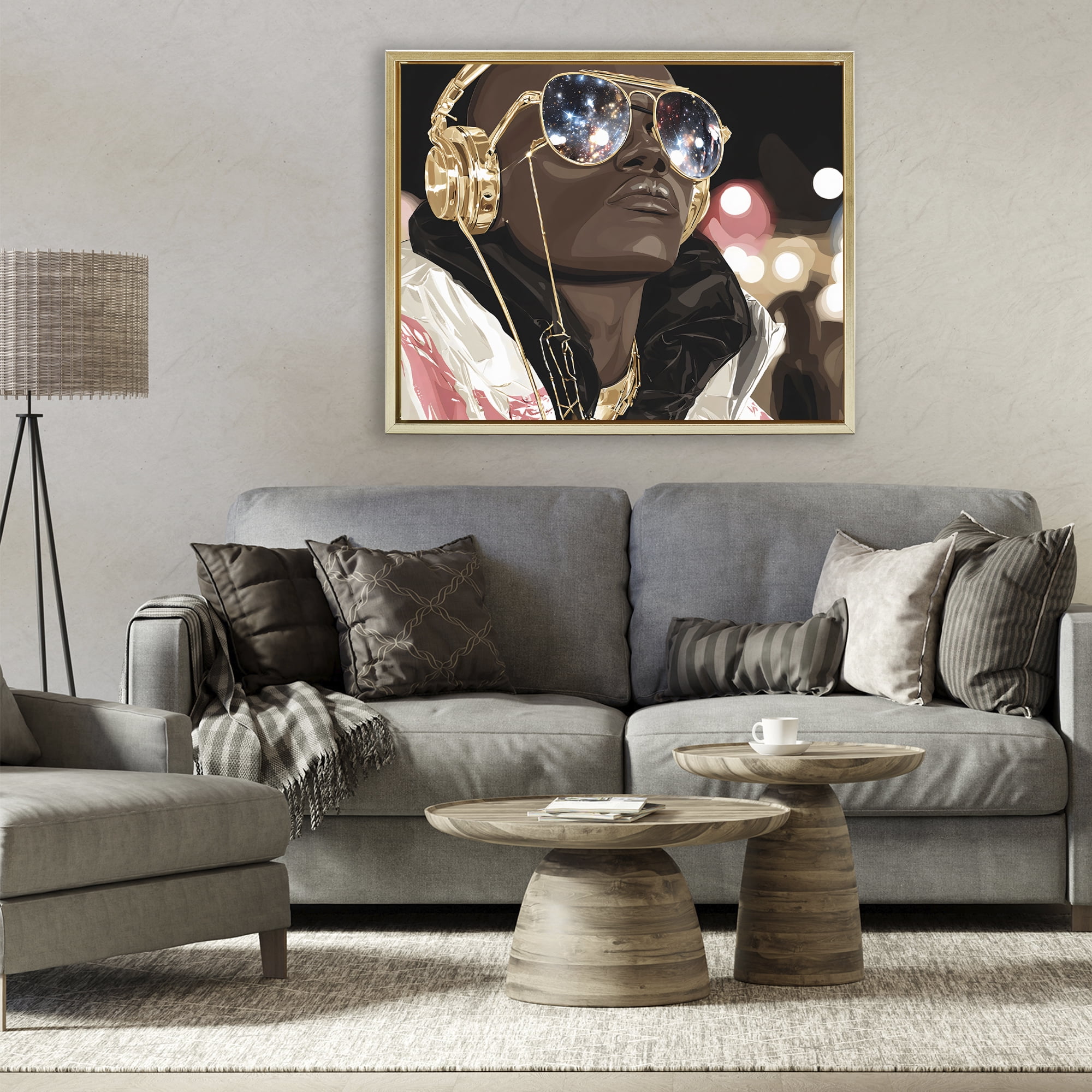 Stupell Industries Starry Eyed Shades with Headphones Gold Framed Floater Canvas Wall Art, design by Franklyn Gregory