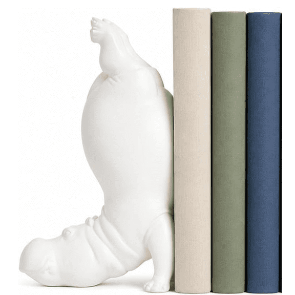 Hippo Bookends, Creative Decorative Yoga Hippo Book Ends, Resin Heavy Duty Book Ornament Figurine Decor for Shelves, Decorative Boos Stopper Holders for Desk Home Office Farmhouse(White-B)