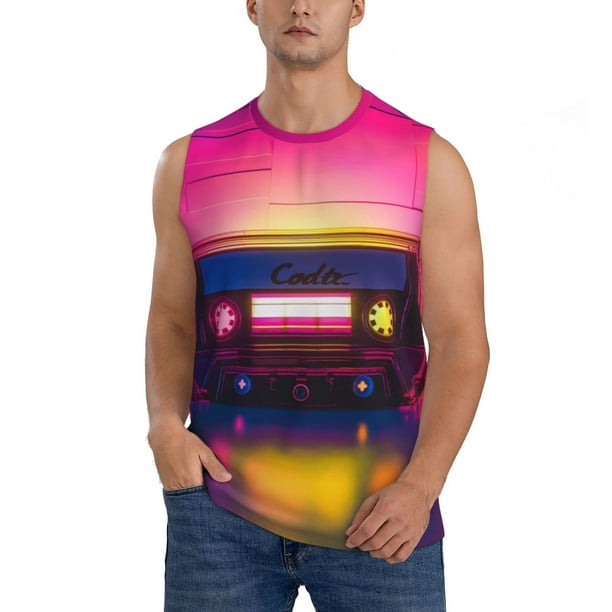 Fotbe Neon Cassette Tape Men's Camiseta sin Mangas Estampada para Hombres, Playera Casual para Gimnasio, Entrenamiento, Playa-Medium