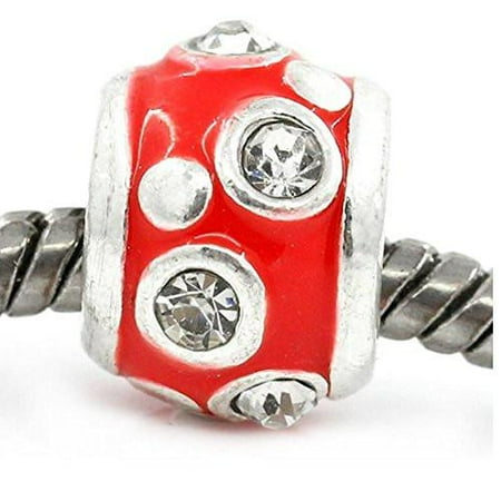 Fashion Column - European Charm Beads Column Silver Plated Clear Rhinestone Enamel Red