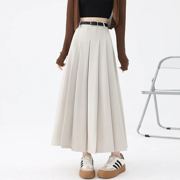 Falda plisada adelgazante de cintura alta con cinturón, elegante vestido largo de moda para mujer para primavera y verano