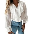 thumbnail image 3 of DuoJiaJ Solid Color Ruffles V Neck Blouse Elegant Puff Sleeve Shirts For Women Women’s T-Shirts White, 3 of 5