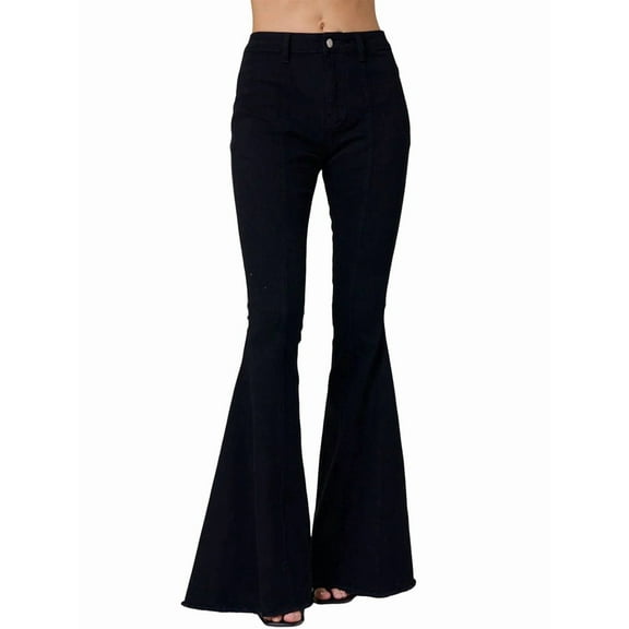 Star Patchwork Bell Bottom Jeans for Women Mid Waist Bootcut Flare Jeans Stretch Straight Leg Skinny Denim Pants Black S