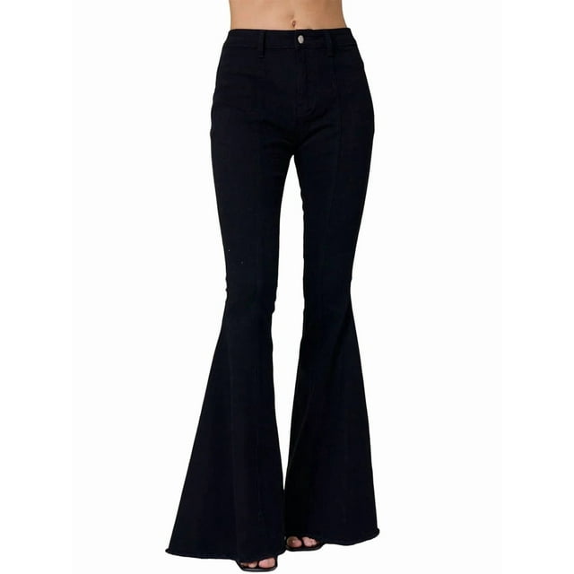 Pantalones Vaqueros Acampanados con Parches de Estrellas para Mujer, Cintura Media, Corte Acampanado, Elásticos, Pierna Recta, Ajustados. Negro S