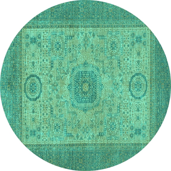 Ahgly Company Machine Washable Indoor Round Abstract Turquoise Blue Modern Area Rugs, 7' Round