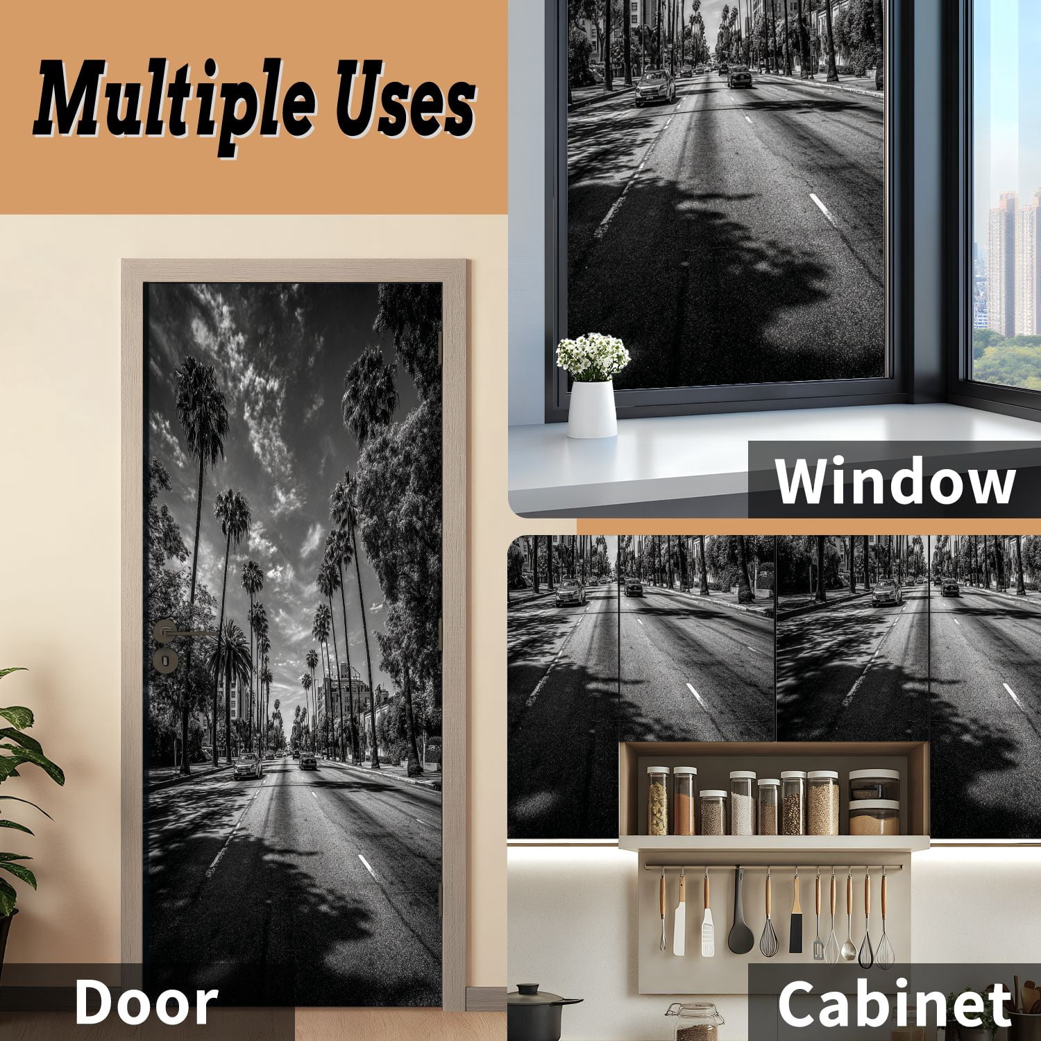 Self Adhesive Vinyl Refrigerator Wrap Set los angeles streets black whites Door Mural Removable Fridge Sticker Peel and Stick&nbsp;Full Door Cover Decal Kitchen Bar Decor