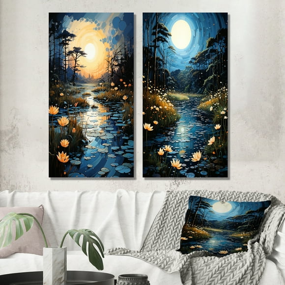 Designart "Blue Green Painting River At Night VII" Pointillism Wall Art Set Of 2 - Yellow Abstract Gallery Set For Office Decor