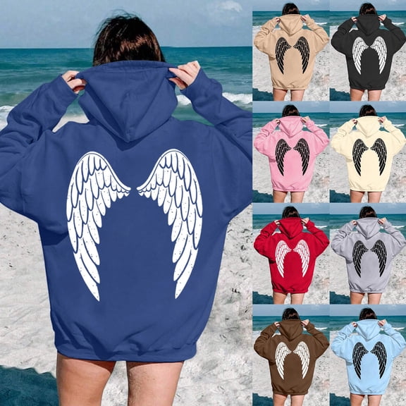 YUEHUA Silver Angel Wing Print Hoodies for Women Men Fleece Sweatshirts Pullover Funny Hoody Hooded With Pockets