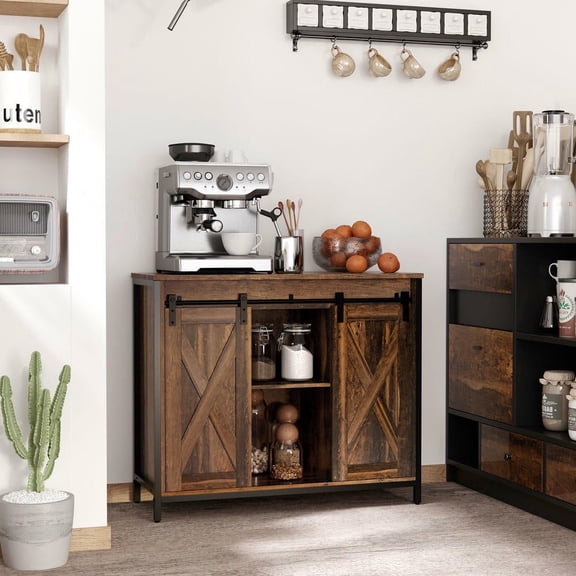 Resenkos Industrial Sideboard with Sliding Barn Doors & Adjustable Shelves, Rustic Brown