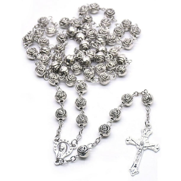Collar de oración con rosario de plata católica, collar de oración con rosario de bendición de María