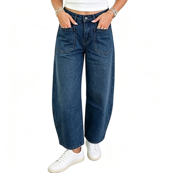 Women's Y2K High Waist Barrel Jeans Vintage Baggy Cropped Wide Leg Denim Pants Front Patch Pockets Casual Daily Streetwear Jeans Blue