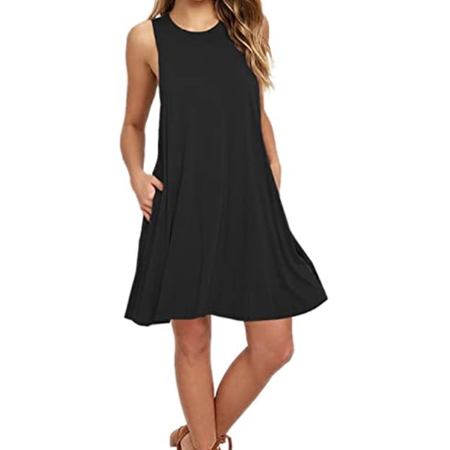 Luxtrada - Vestido playero informal sin mangas para mujer, estilo playero, liso, plisado, con bolsillo (negro, L)