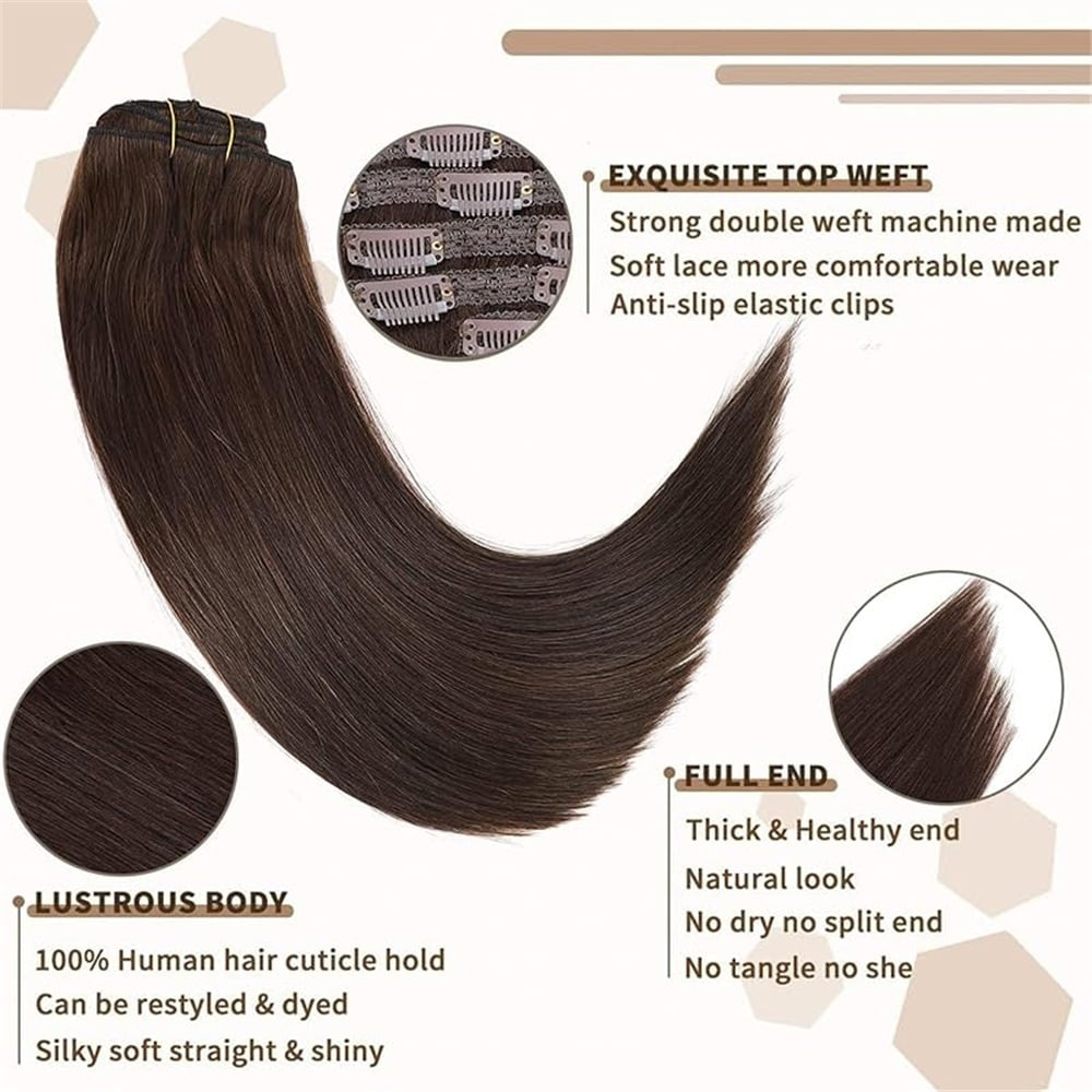 Human Hair Clip in Hair Extensions, #4 Brown Color 8Pcs 120g Straight Hair Clip in Hair Extensions Double Weft  Real Remy Human Hair Clip Ins