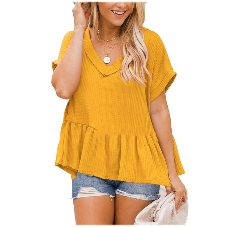 ZQGJB Cute Flowy Tops for Women Summer Casual Ruffle Short Sleeve V Neck  Solid Color T-Shirts Loose Fit Basic Ruched Tunic Shirts Yellow M