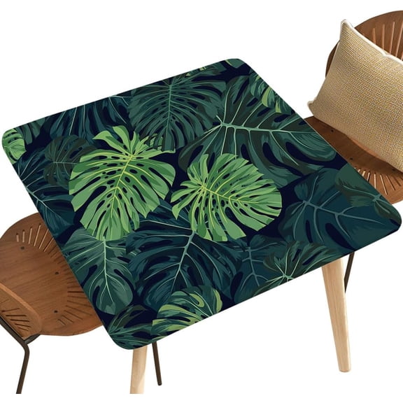 Tropical Leaf Square Stretch Tablecloth for 36"x36" Square Table Wipeable Table Topper Cap for Picnic Patio Style36