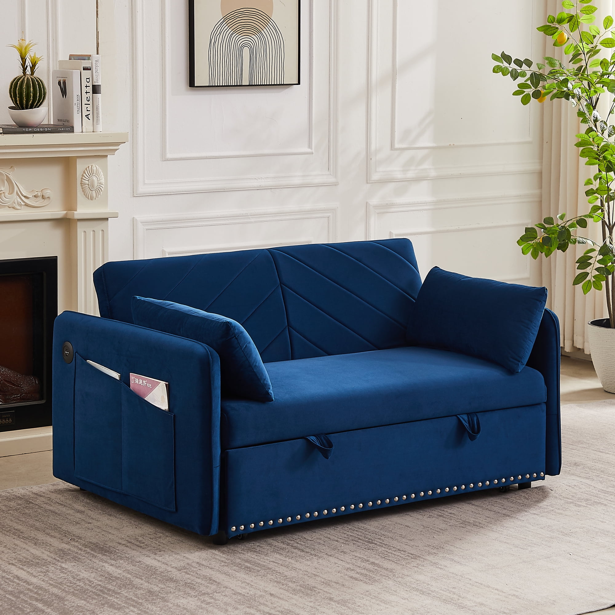 55" Convertible Sleeper Sofa Bed,3 in 1 Convertible Sleeper Loveseat with USB Ports,Modern Velvet Pull Out Sofa Bed with 2 Pillows and Rivet Design for Living Room Furniture,Blue
