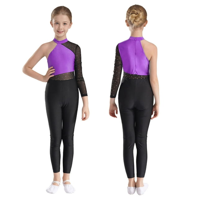 Sxiwei Girls Shiny Rhinestone Catsuit Full Body Romper Bodysuit Ballet Dance Leotard Stage Performance Costume Purple 6