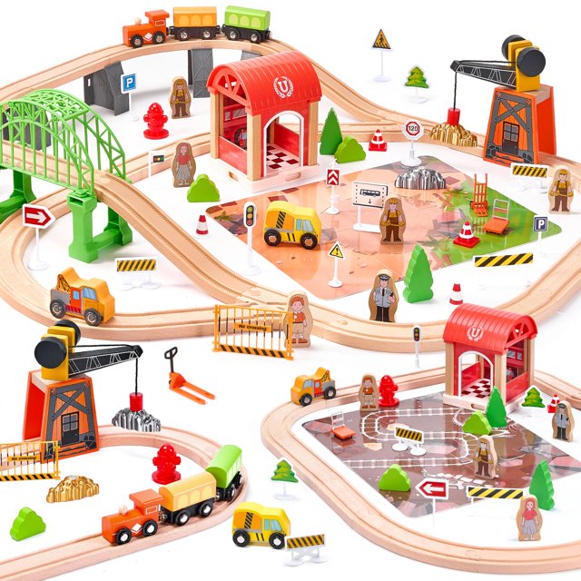 Circuito de tren de madera TikTiles de 102 piezas con grúa magnética STEM