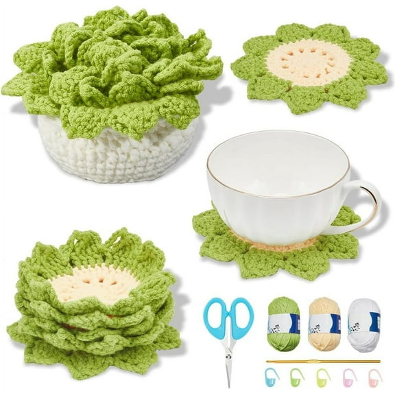 DIY Potted Plant Coasters Set with 10 Coasters and 2 Baskets Beginner's Crochet Kit with Video Tutorials