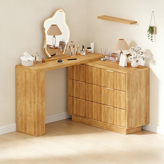 Makeup Vanity Desk with LED Lighted Mirror,Expandable L-Shaped Corner Table with 6 Drawers and 2 Side Shelves,3 Color Modes & Adjustable Brightness Dressing Table for Bedroom Makeup,Home Office