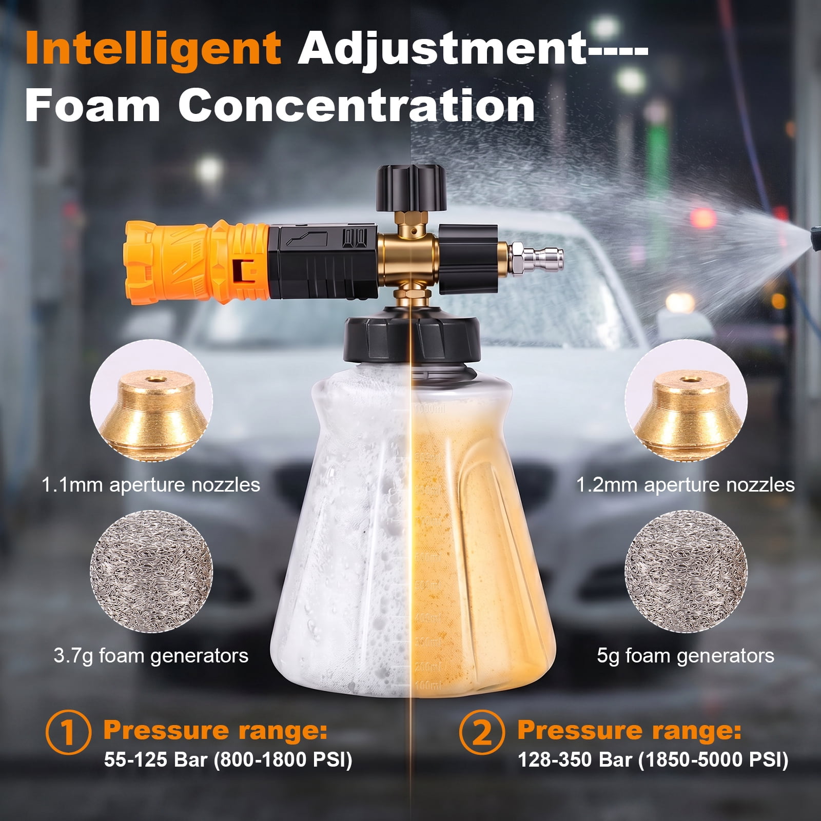 Professional Foam Cannon for Pressure Washer, 1000-4000 PSI Snow Foam Lance with 1.1mm & 1.2mm Orifice Nozzles, 360° Adjustable Spray Pattern, 1/4" Quick Connector for Car Wash and Home Cleaning