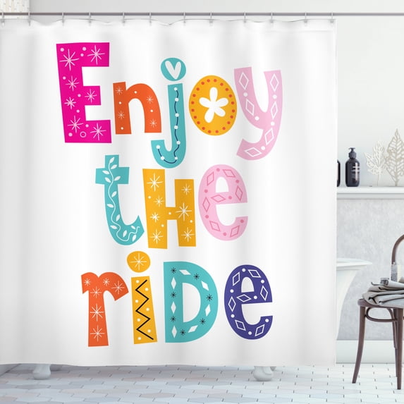 Enjoy the Ride Shower Curtain, Colorful and Childish Typography Design Flowers Stars and Geometric Shapes, Fabric Bathroom Set with Hooks, 69W X 84L Inches Extra Long, Multicolor, by Ambesonne