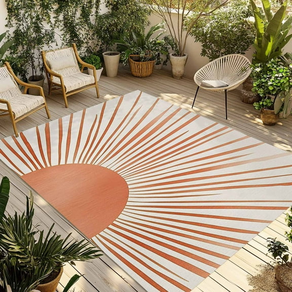 Fsddascl Abstract Art Outdoor Rug for Patio/Deck/Porch, Non-Slip Large Area Rug 4 x 6 Ft, Orange Lines Simple Retro Middle Century Indoor Outdoor Rugs Washable Area Rugs, Camping Rug Carpet
