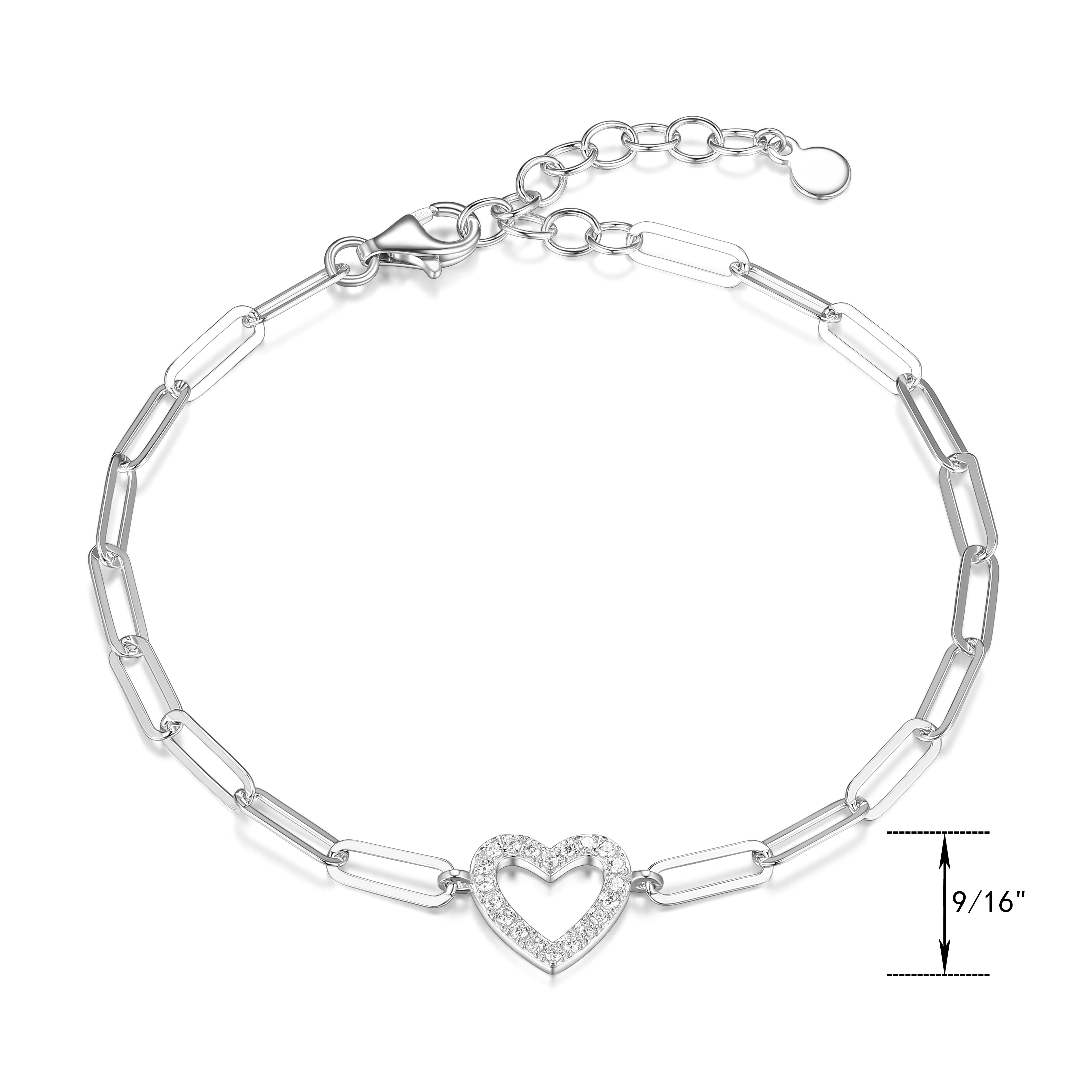 Forever Facets CZ Heart Paperclip Bracelet in Sterling Silver, 6.75" + 1.25" Extender