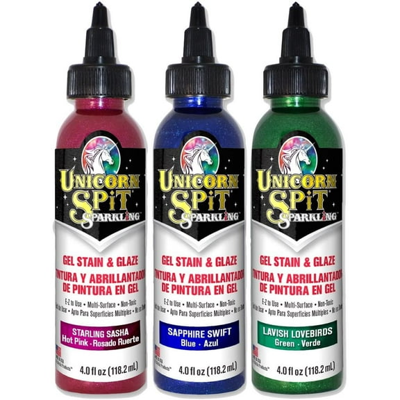 Unicorn SPiT Sparkling - Gel Stain & Glaze - 4oz Galaxy Sparkle Collection - Starling Sasha, Sapphire Swift, Lavish Lovebirds
