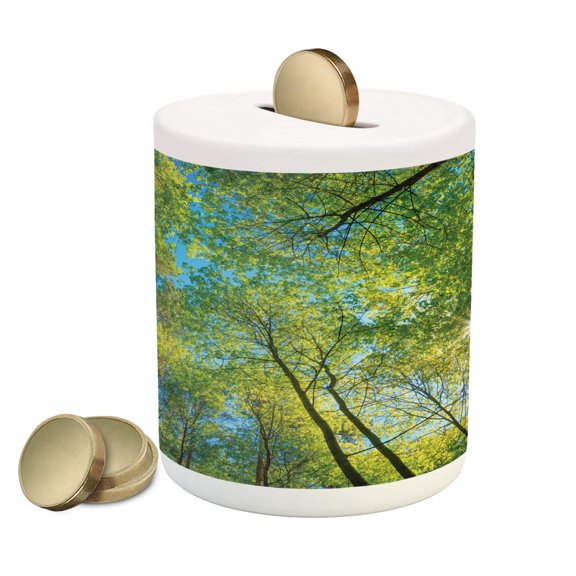 Forest Piggy Bank, Evergreen Back Nature Area Mother Earth Lime Trunk Mangrove Flora Willow Photography, Ceramic Coin Bank Money Box for Cash Saving, 3.6" X 3.2", Green, by Ambesonne
