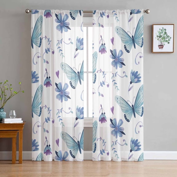 ERUNPONLY Blue Butterfly Flower Sheer Curtains 72 Inch Length 2 Panels Set, Botanical Watercolor Floral Leaf Voile Window Treatment Curtains Sheers Drapes for Bedroom/Living Room/Kitchen 52"x72"x2