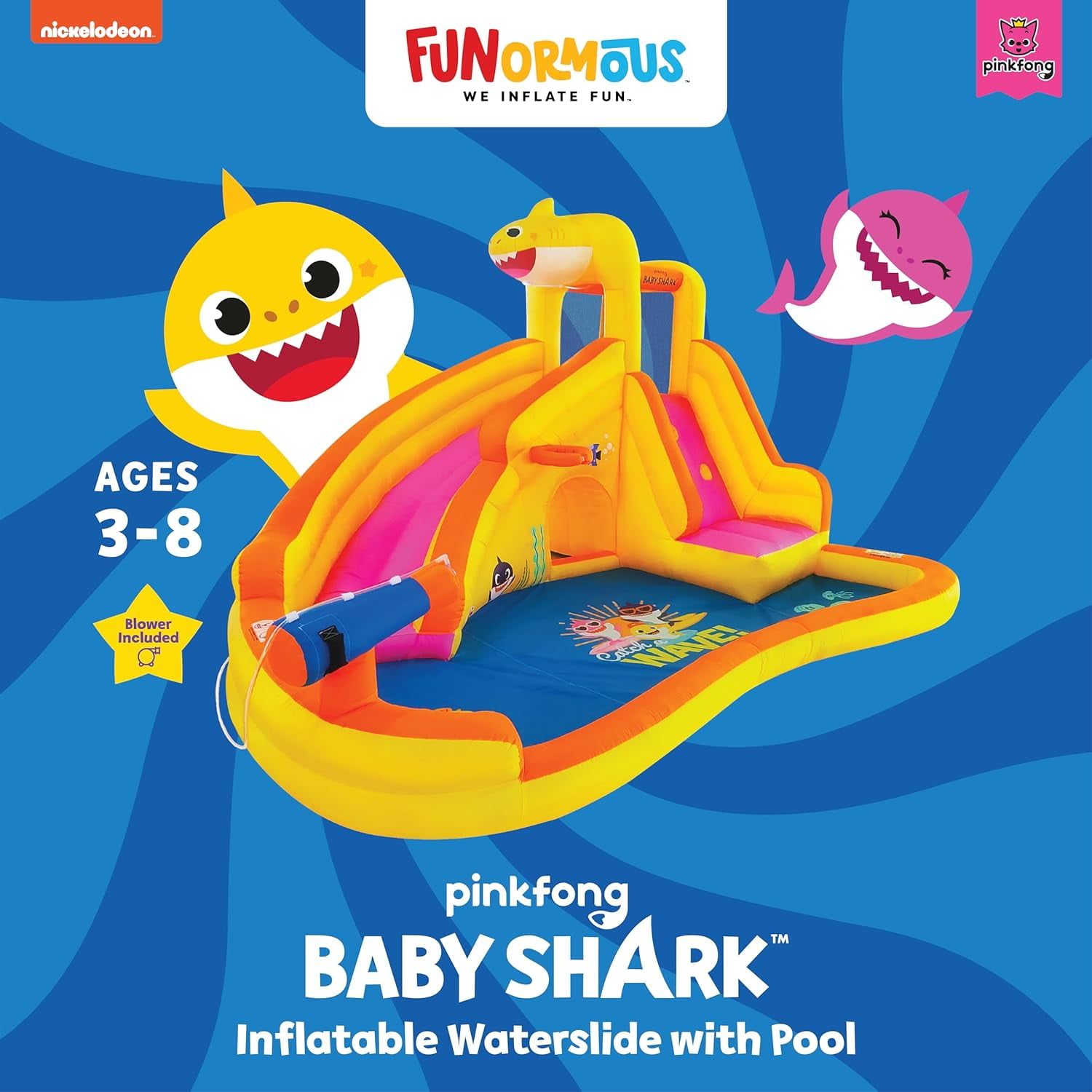 Funormous Baby Shark Bounce House with Slide, Pink Fong Inflatable Water Slide, Party Outdoor Curve Waterslide Fun