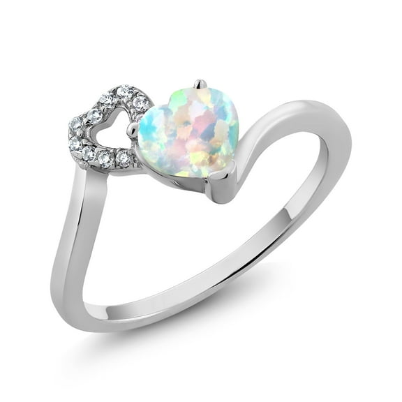Gem Stone King 0.86 Ct Heart Shape White Simulated Opal 925 Sterling Silver Ring (Size 9)