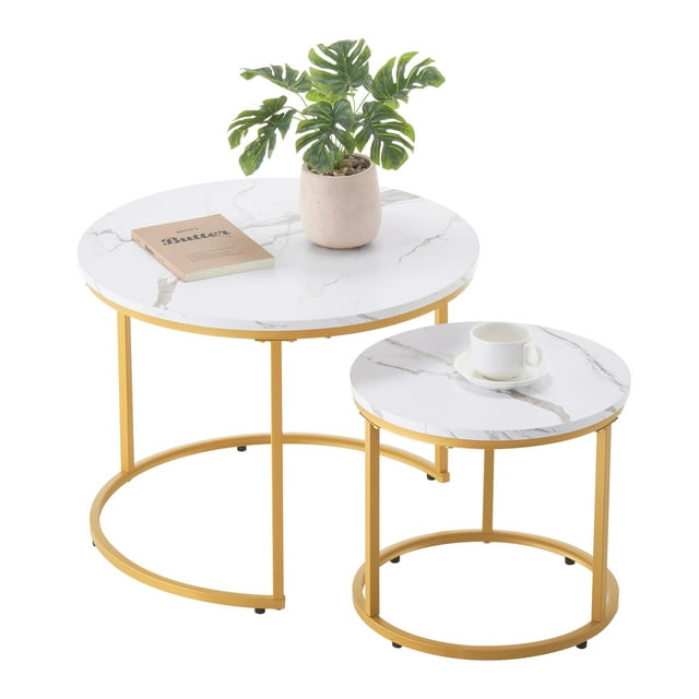 VEVOR Ensemble de 2 Tables Basses Gigognes Table Basse Ronde 23,6 Po (Blanc et Or)