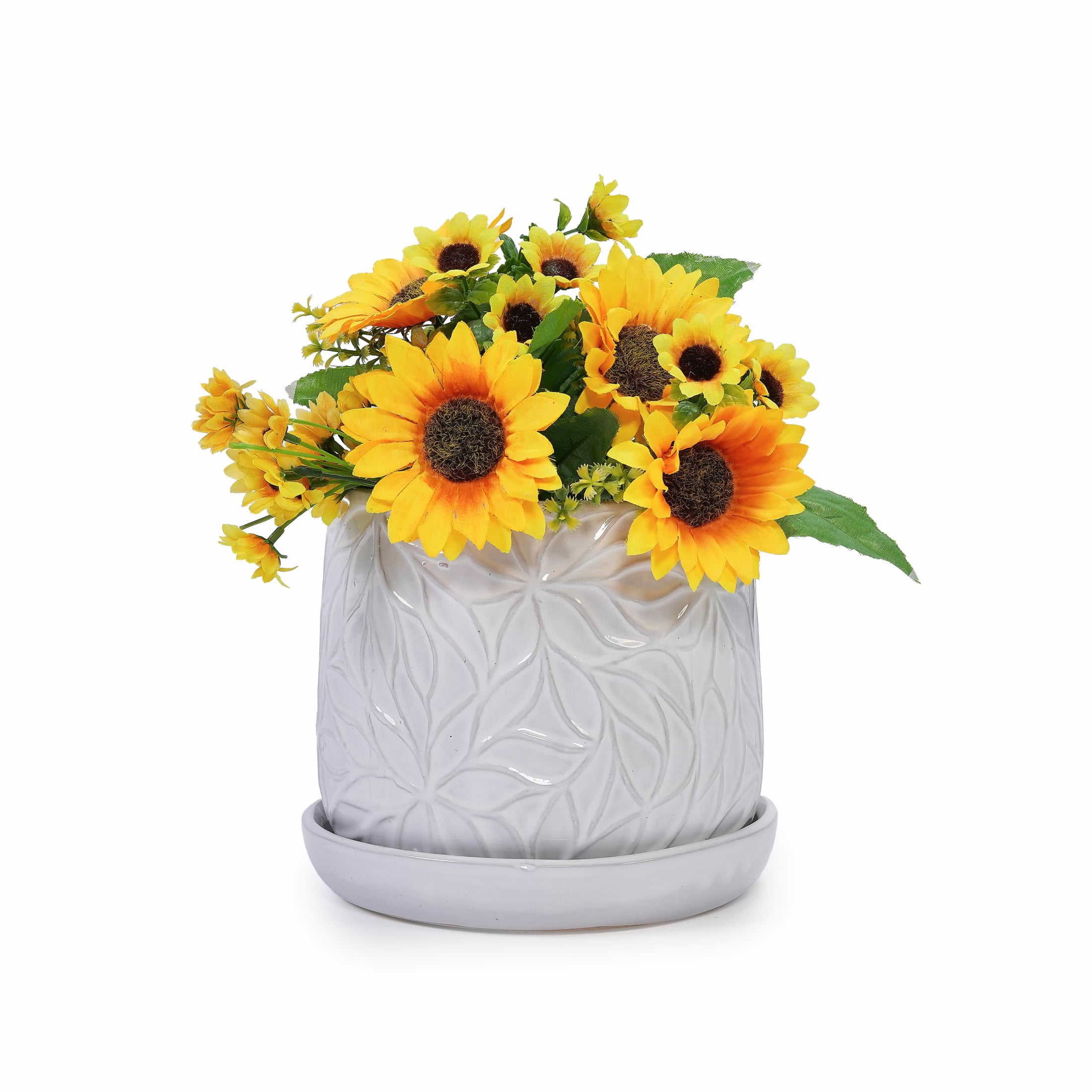 Noble House Olivia Embossed Leaf Ceramic Planter Set, Modern Flowerpots with Drainage, Set of 2, Gloss White