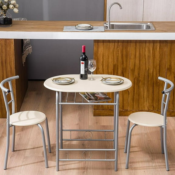 Ktaxon 3 Piece Dining Set, Compact 2 Chairs and Table Set with Oval Tabletop Small Kitchen Dining Set for 2, Perfect for Apartment & Small Spaces, Natural & Sliver