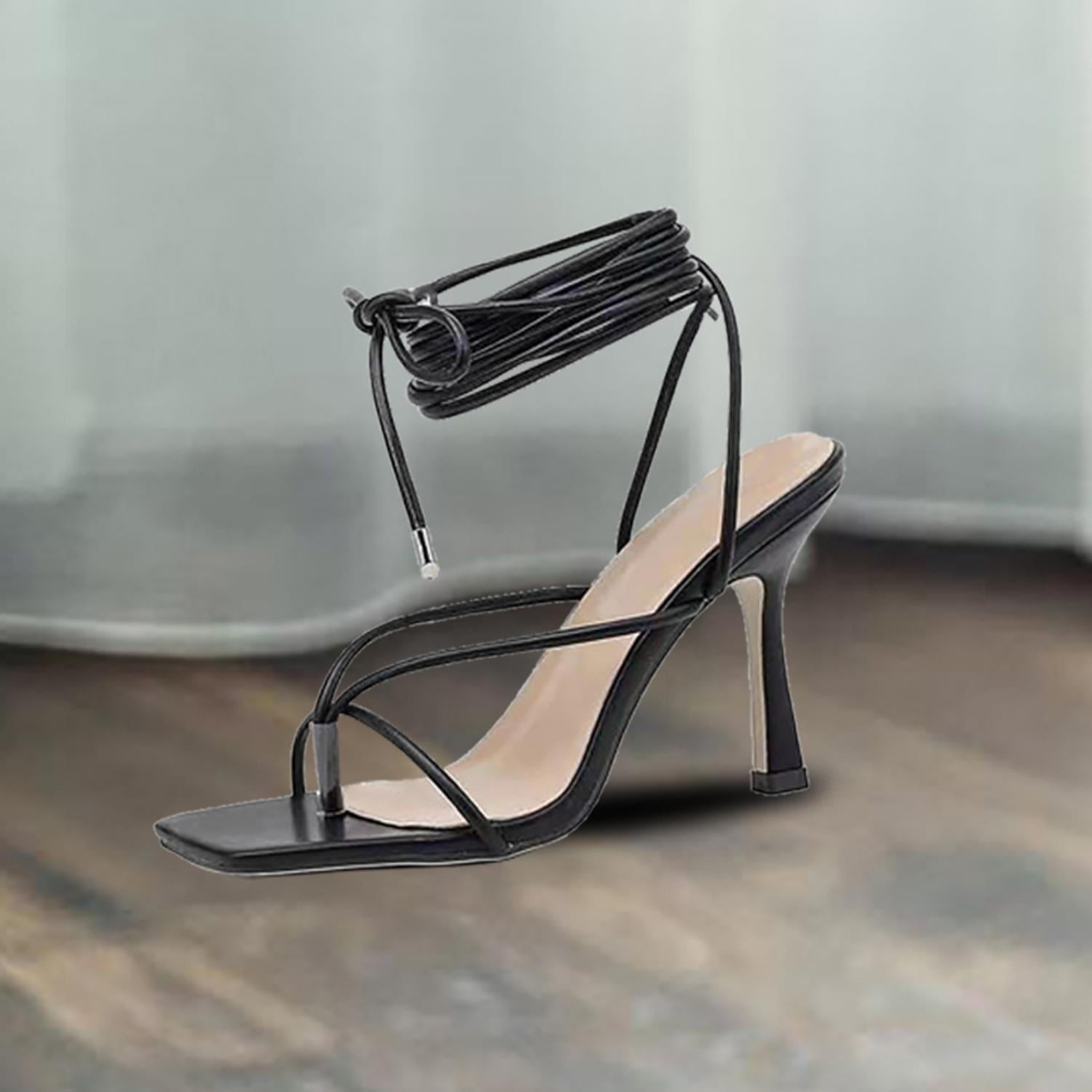 UTTOASFAY Women Narrow Band Square Toe Sandals Cross Strap