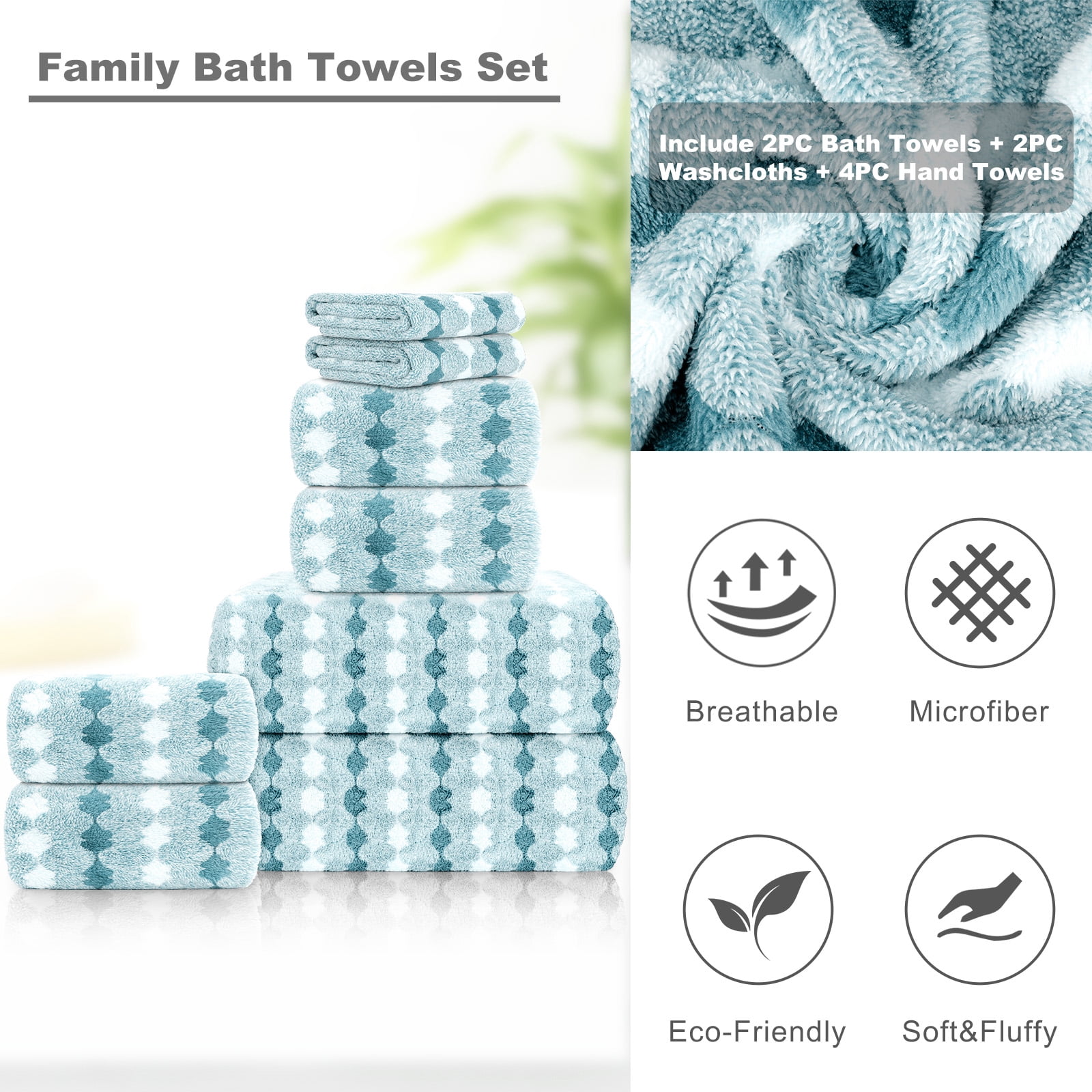 Sanmadrola Bath Towels Set of 8, 2 Bath Towels 2 Washcloths 4 Hand Towel -700 GSM High Absorbent Quick Dry Green Bath Sheets for Bathroom,Gym,Hotel