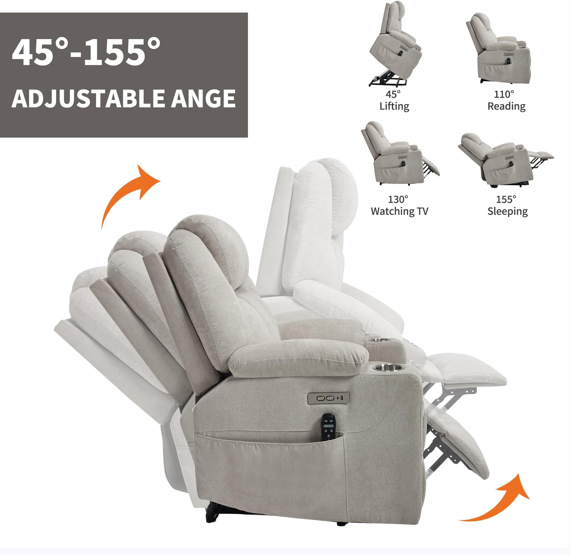Power Lift Recliner Chair, Electric Lift Recliner for Elderly Reclining Chair with Vibration Massage and Lumbar Heating, Single Sofa with Charging Ports Cup Holders