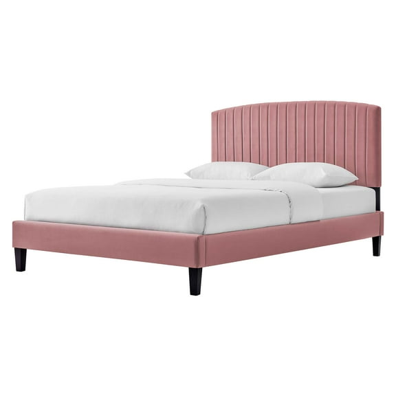 Platform Bed Frame, Queen Size, Pink, Velvet, Modern Contemporary, Bedroom Master Guest Suite Room