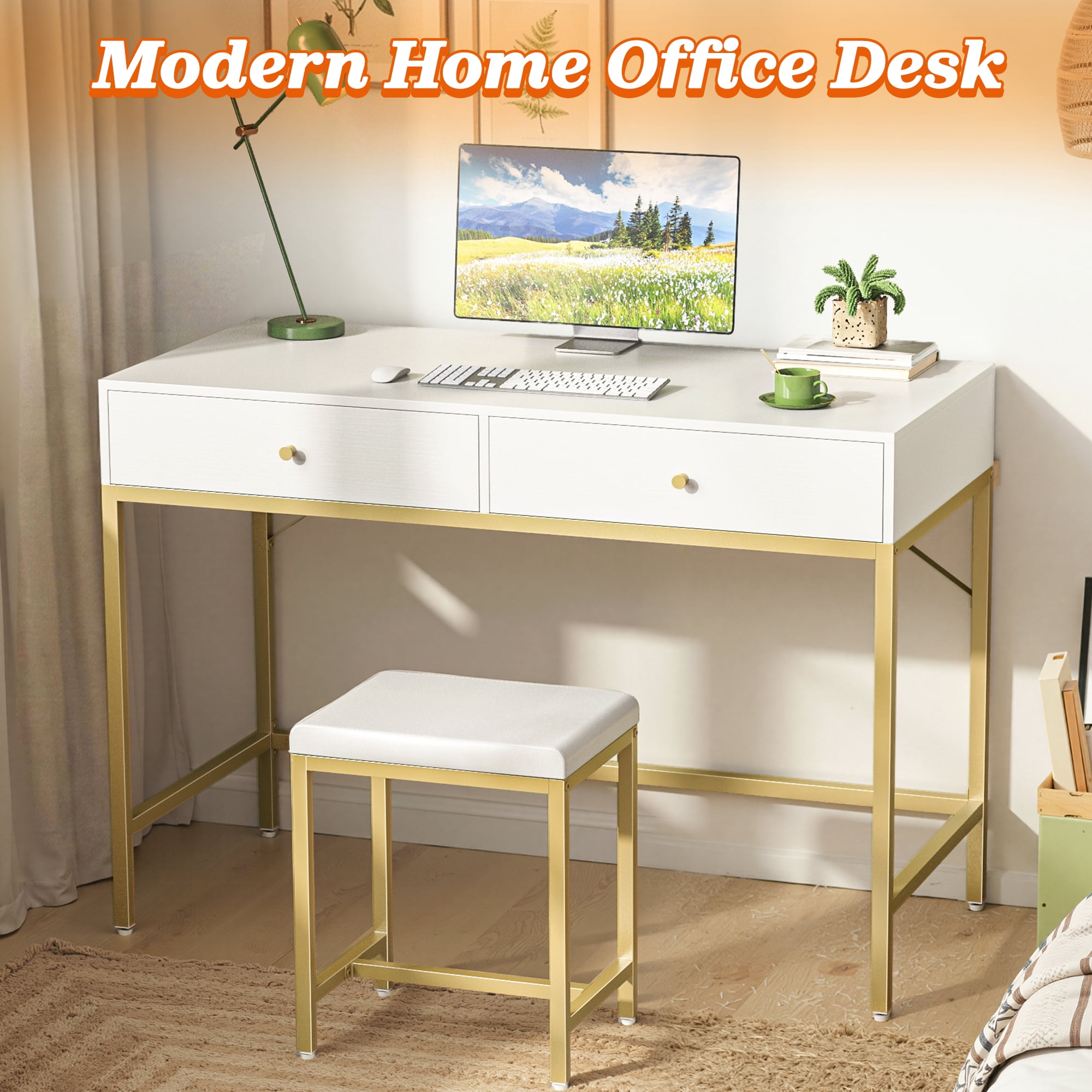 Amadwell 35.4 Inches White and Gold Desk with 2 Drawers, Vanity Desk with Padded Stool, Bedroom