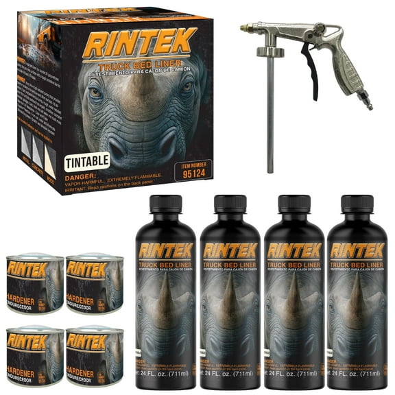 Rintek Tintable 1 Gallon Urethane Spray-On Truck Bed Liner Kit - 4 Bed Liners, 4 Hardeners and 1 Applicator Spray Gun - Easy 3 to 1 Mix Ratio, Just Mix, Shake and Shoot It - (95124)