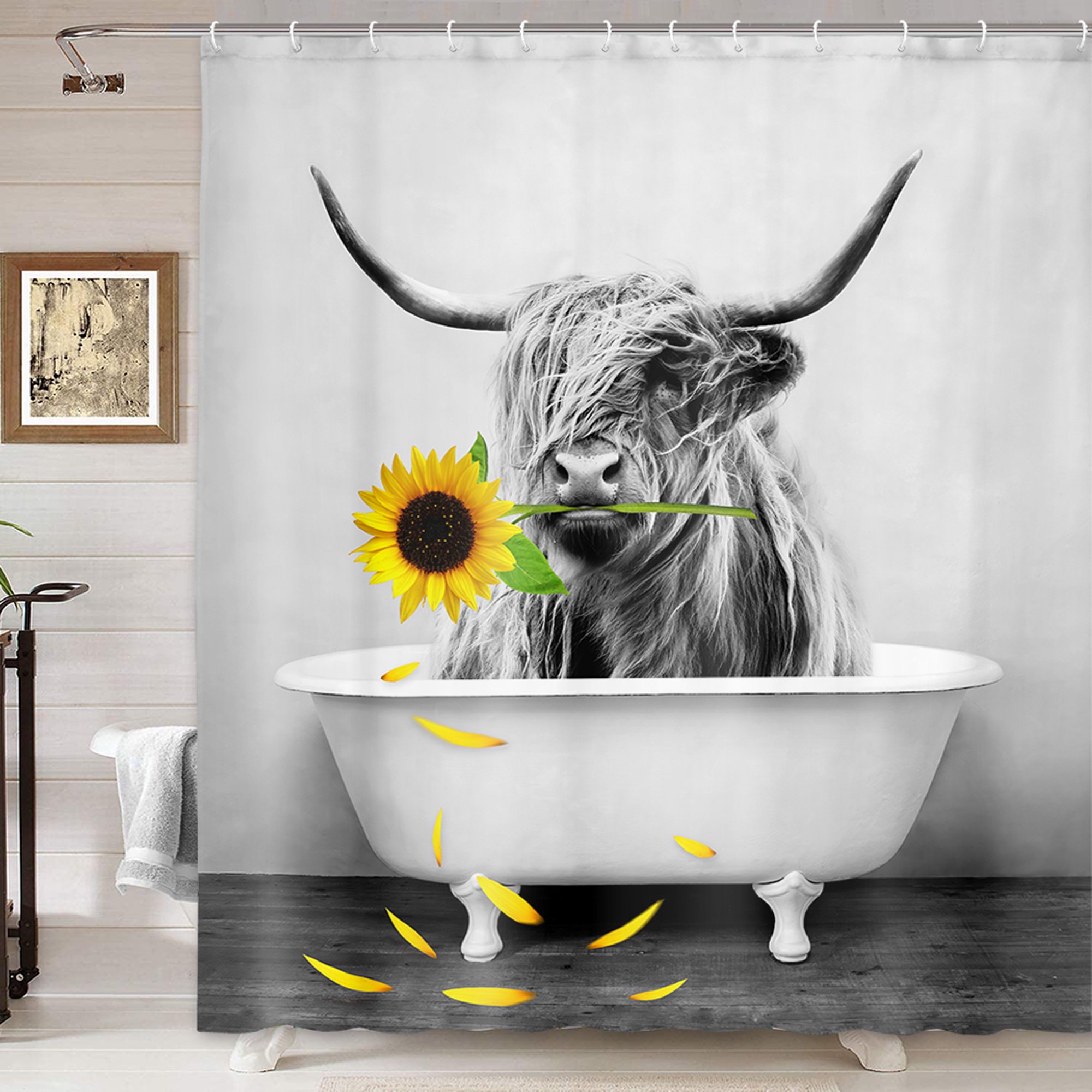 Farmhouse Shower Curtain Highland Cow Bull in Bathtub Sunflower Shower