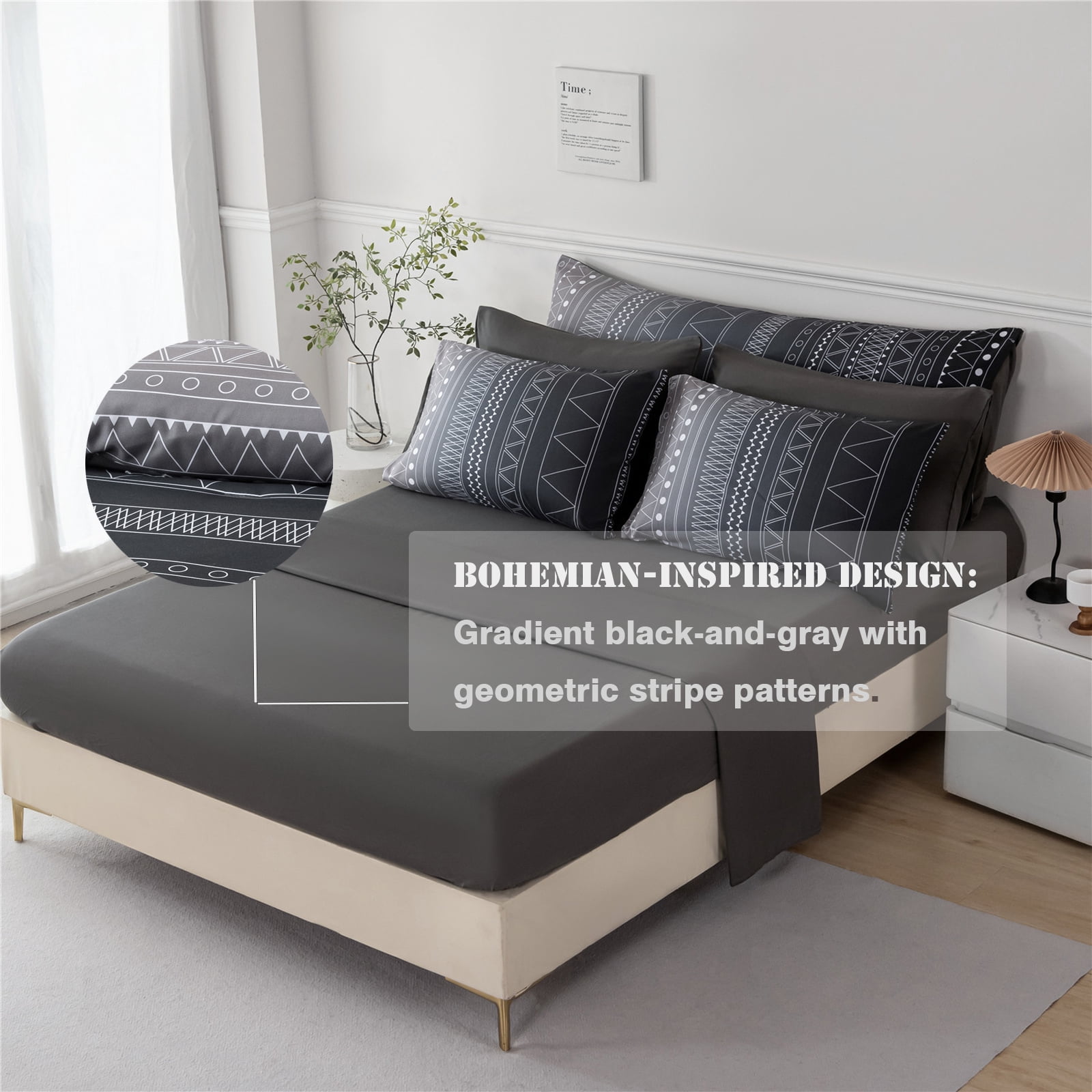 RYNGHIPY Full Bed in a Bag for Men 8 Pieces Black Grey Comforter Set Boho Stripe Gradient Bedding Quilt Set Lightweight Soft Bedding Comforter Sets (Black Grey,Full)