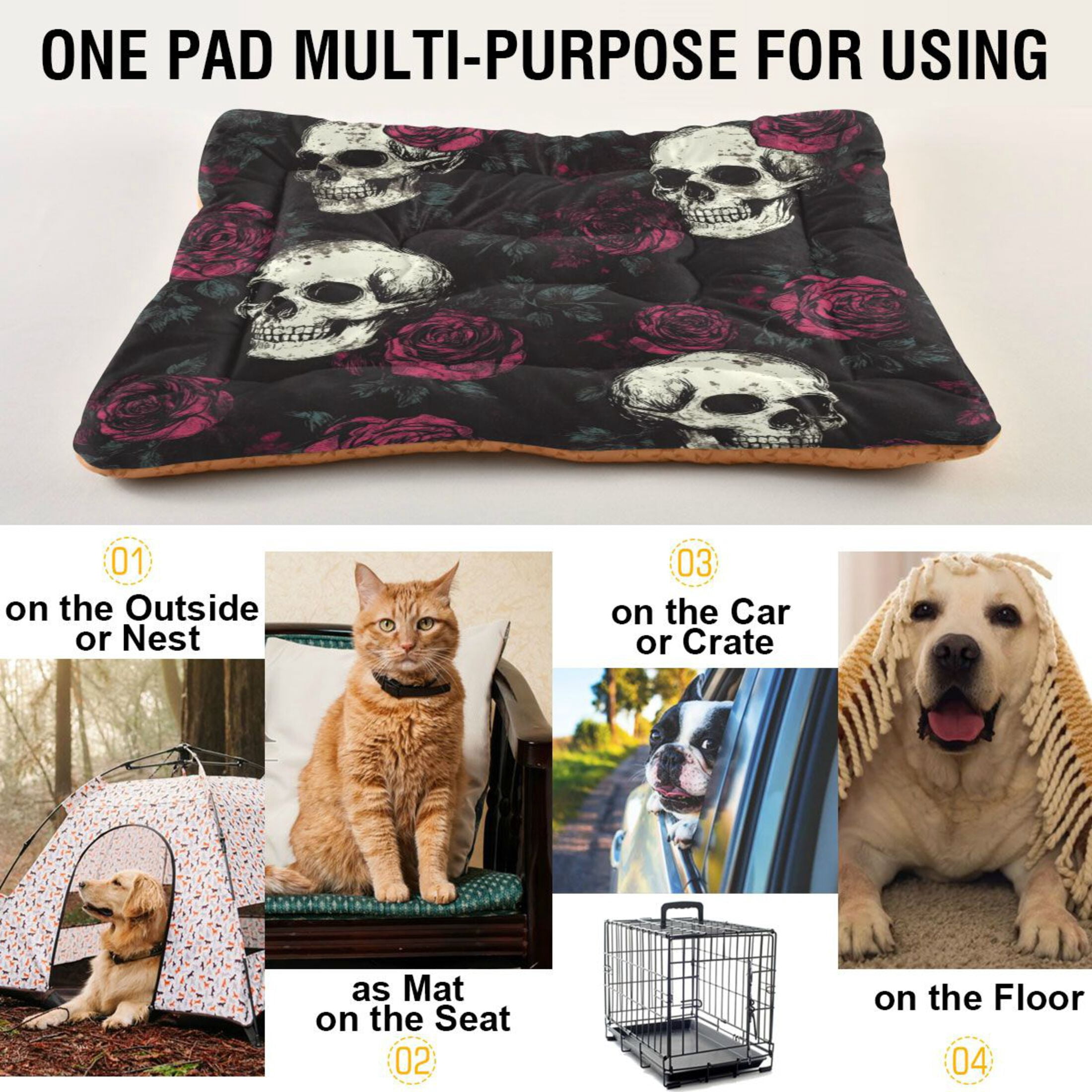 Qxltty Skull Burgundy Roses Pattern Ped Pad Wear-resistant and Hard to Bite Through Sleeping Pad for Small Medium Large Dogs Winter Pet Bed 36×24in