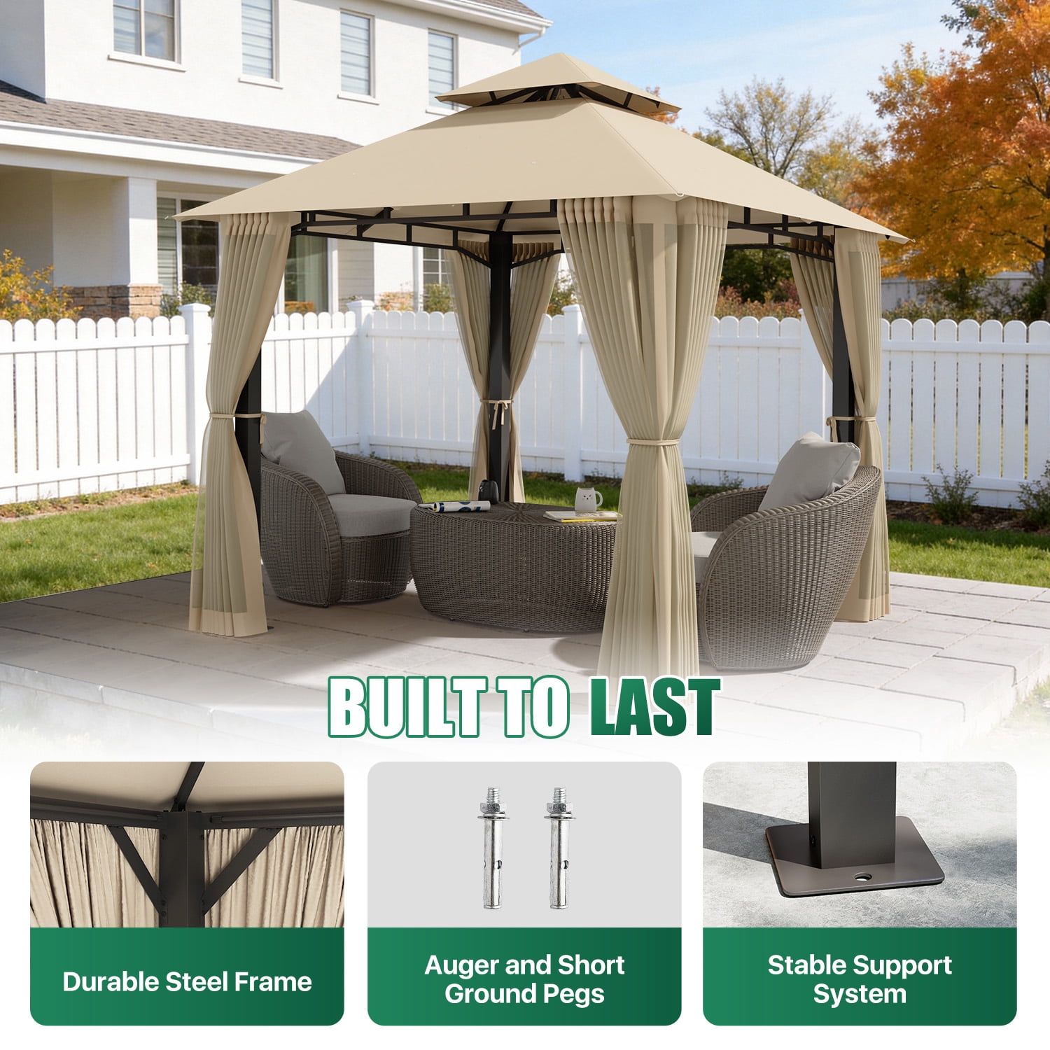LazySunsets 8'x 8' Patio Gazebo Double Roof Protection All-Weather Outdoor Shelter Features Insect Screens for Backyard, Lawn, (Beige)