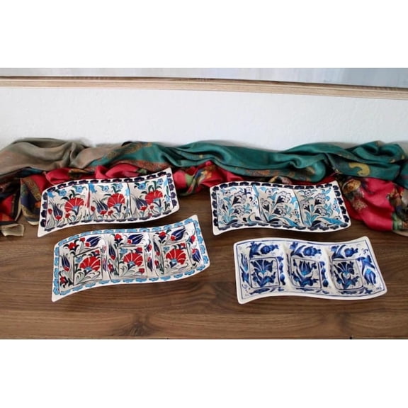 Handmade Ceramic 3-Part Serving Trays, Colorful Elegant Serving Tray, Vintage Colorful Platter, 12 "W x 2 "H x 5 "D, Mid Centruy Modern Decoration for Livingroom Bedroom Diningroom (Option D)