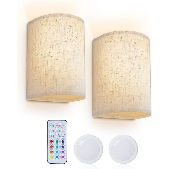 Battery Operated Wall Sconces with Remote(Set of 2 ) - 16 RGB Colors, Dimmable Fabric Wall Lights for Bedroom, Living Room, and Hallway