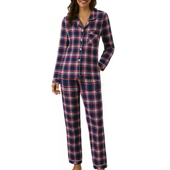 Pajama Sets for Women Soft Plaid Long Sleeve Flannel Button Down Tops and Pants 2 Piece Sleepwear Casual Comfy Warm Outfits