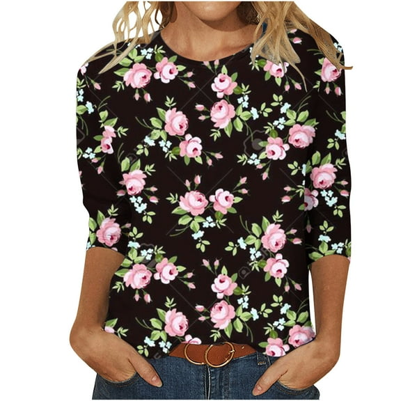 3/4 Length Sleeve Womens Top Crew Neck Fashion Floral Printed Spring Casual Tunic Blouse Plus Size Pullover Shirts(Pink,XL)